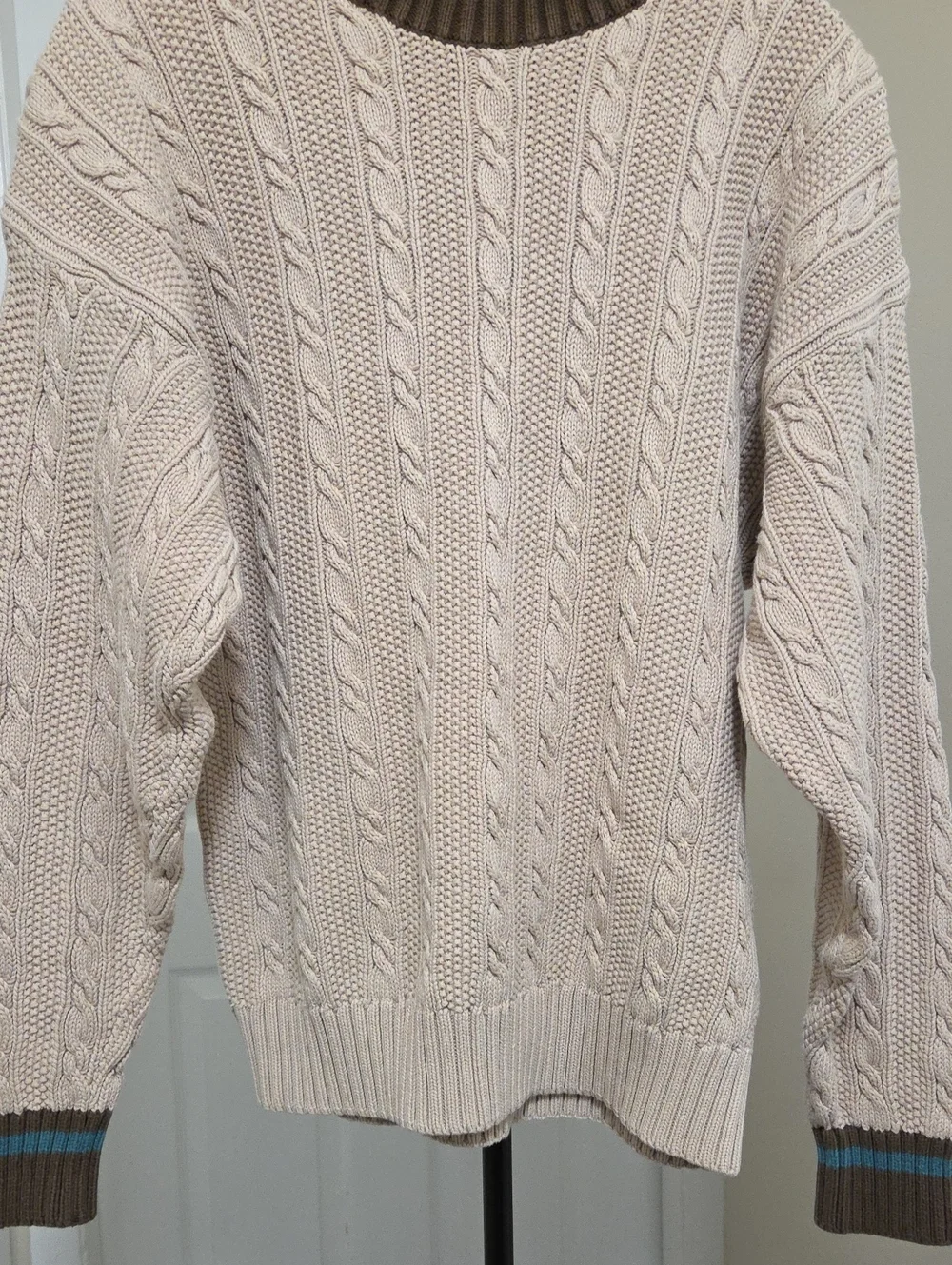 Vintage Eddie Bauer 100% Cotton Cable Knit Sweater Cream Crewneck Brown Teal - Picture 4 of 8